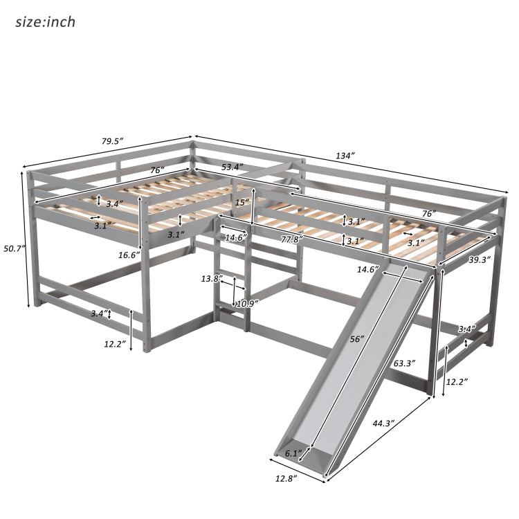 Full And Twin Size L Shaped Bunk Bed With Slide And Short Ladder,Gray