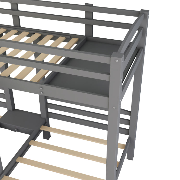Twin Over Twin & Twin Bunk Bed With Built In Staircase And Storage Drawer,Gray