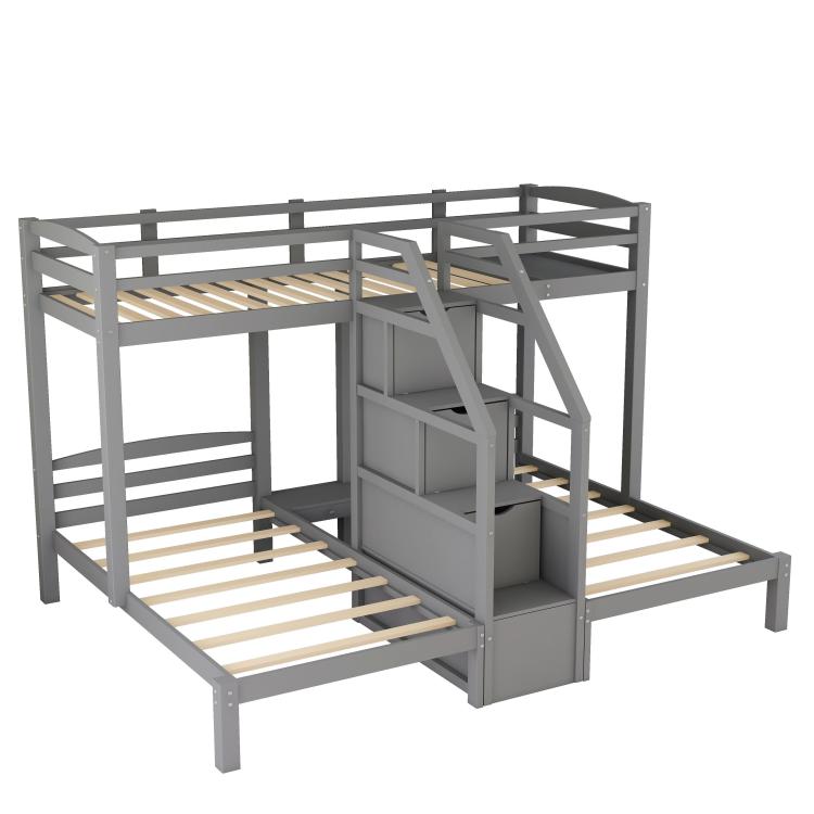 Twin Over Twin & Twin Bunk Bed With Built In Staircase And Storage Drawer,Gray