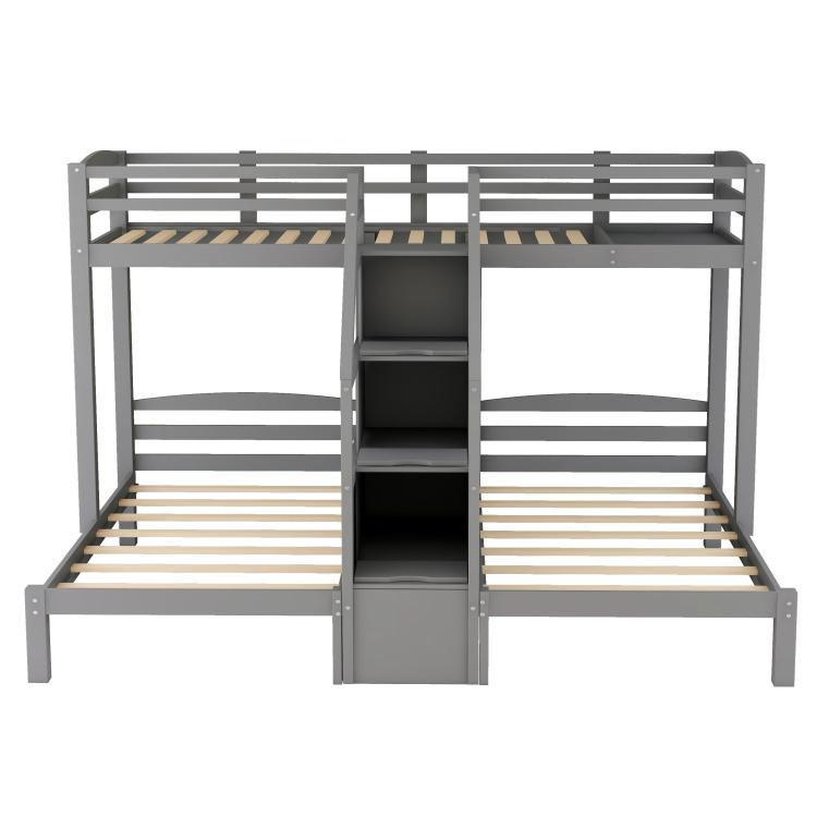 Twin Over Twin & Twin Bunk Bed With Built In Staircase And Storage Drawer,Gray