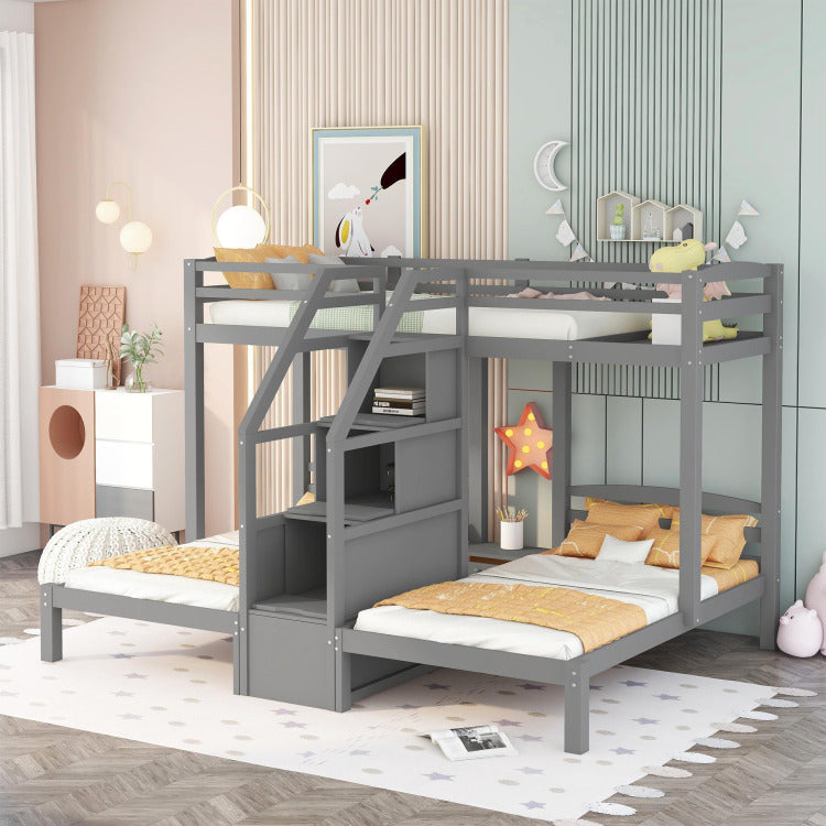 Twin Over Twin & Twin Bunk Bed With Built In Staircase And Storage Drawer,Gray