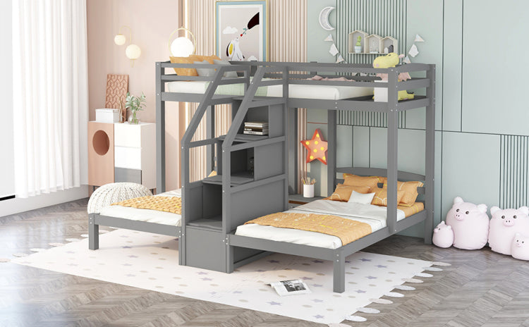 Twin Over Twin & Twin Bunk Bed With Built In Staircase And Storage Drawer,Gray