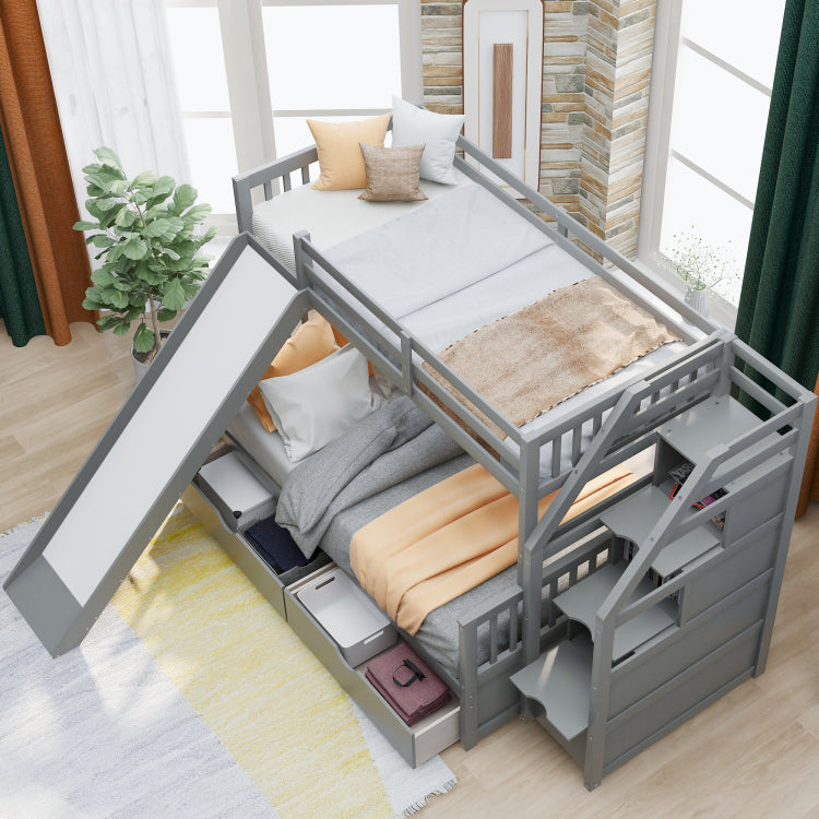Twin Over Full Bunk Bed With Drawers,Storage And Slide, Multifunction, Gray