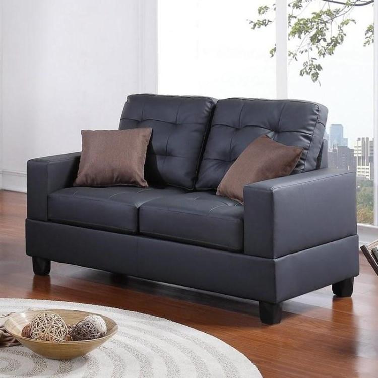 Living Room Furniture 2Pc Sofa Set Black Faux Leather Tufted Sofa Loveseat W Pillows Cushion Couch