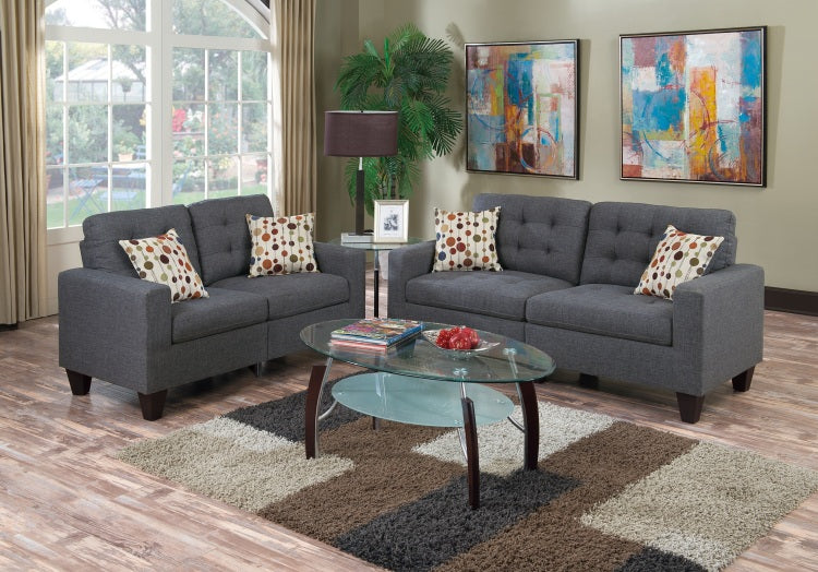Living Room Furniture 2Pc Sofa Set Blue Grey Polyfiber Tufted Sofa Loveseat W Pillows Cushion Couch Solid Pine