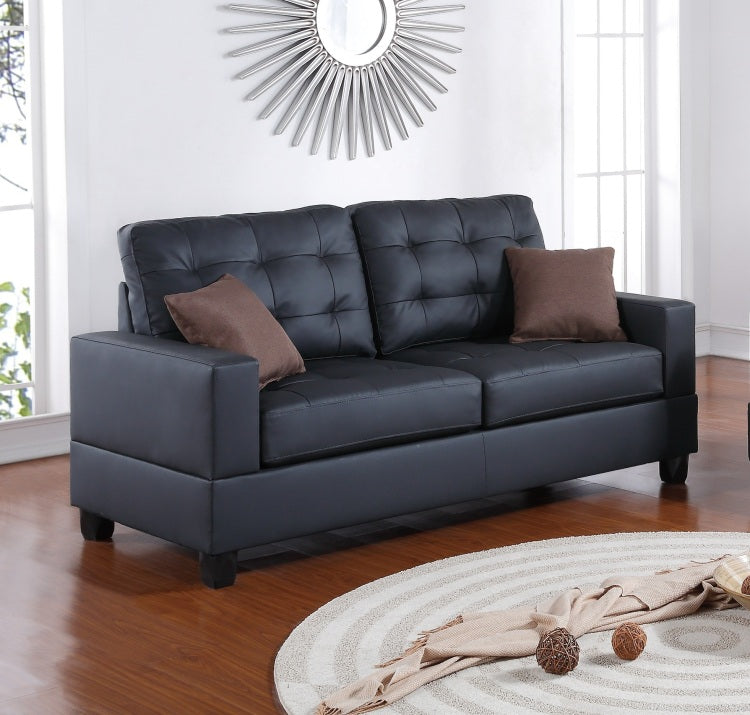 Living Room Furniture 2Pc Sofa Set Black Faux Leather Tufted Sofa Loveseat W Pillows Cushion Couch