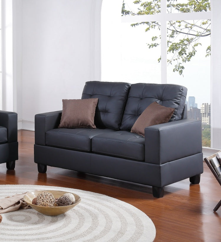 Living Room Furniture 2Pc Sofa Set Black Faux Leather Tufted Sofa Loveseat W Pillows Cushion Couch