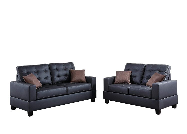 Living Room Furniture 2Pc Sofa Set Black Faux Leather Tufted Sofa Loveseat W Pillows Cushion Couch