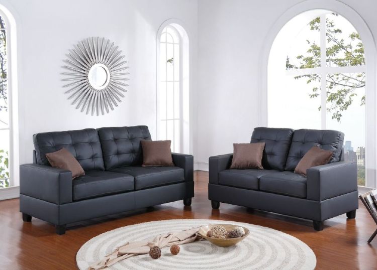 Living Room Furniture 2Pc Sofa Set Black Faux Leather Tufted Sofa Loveseat W Pillows Cushion Couch