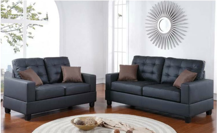 Living Room Furniture 2Pc Sofa Set Black Faux Leather Tufted Sofa Loveseat W Pillows Cushion Couch