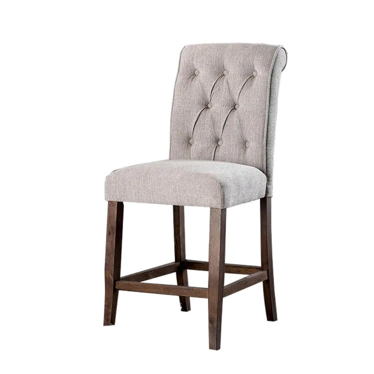 Dining Room Furniture Rustic Style Set Of 2 Counter Height Chairs Beige Rustic Oak Legs Chenille Fabric Upholstered Tufted Kitchen Breakfast