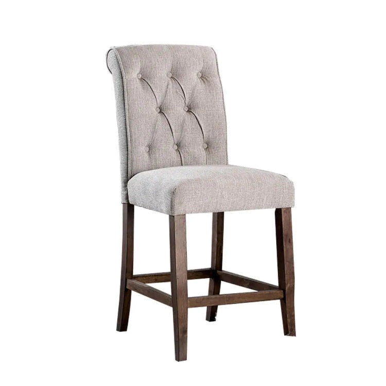 Dining Room Furniture Rustic Style Set Of 2 Counter Height Chairs Beige Rustic Oak Legs Chenille Fabric Upholstered Tufted Kitchen Breakfast