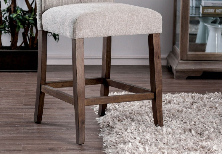 Dining Room Furniture Rustic Style Set Of 2 Counter Height Chairs Beige Rustic Oak Legs Chenille Fabric Upholstered Tufted Kitchen Breakfast