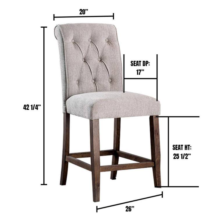 Dining Room Furniture Rustic Style Set Of 2 Counter Height Chairs Beige Rustic Oak Legs Chenille Fabric Upholstered Tufted Kitchen Breakfast