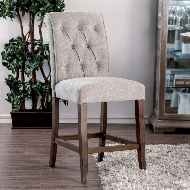 Dining Room Furniture Rustic Style Set Of 2 Counter Height Chairs Beige Rustic Oak Legs Chenille Fabric Upholstered Tufted Kitchen Breakfast