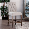 Dining Room Furniture Rustic Style Set Of 2 Counter Height Chairs Beige Rustic Oak Legs Chenille Fabric Upholstered Tufted Kitchen Breakfast