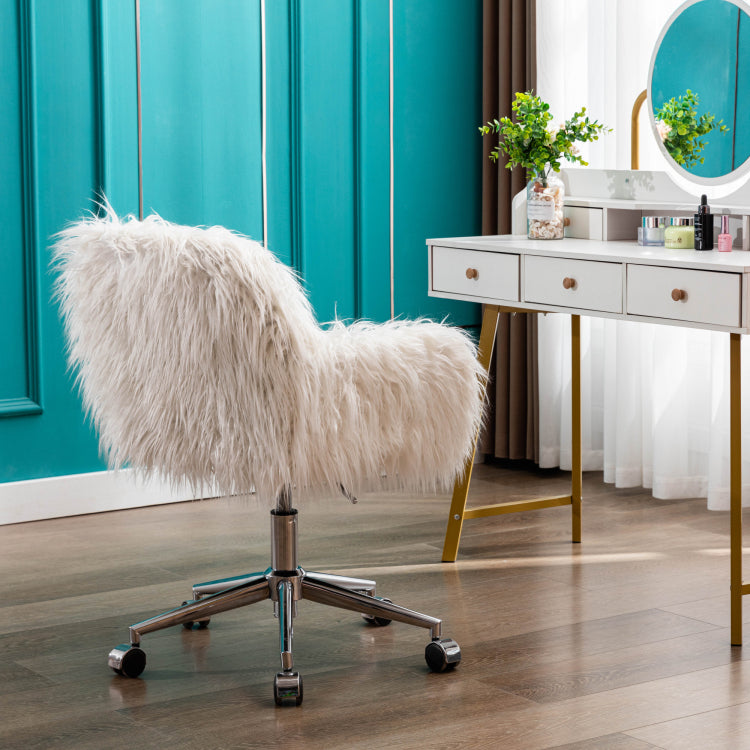 Hengming Modern Faux Fur Home Office Chair, Fluffy Chair For Girls, Makeup Vanity Chair