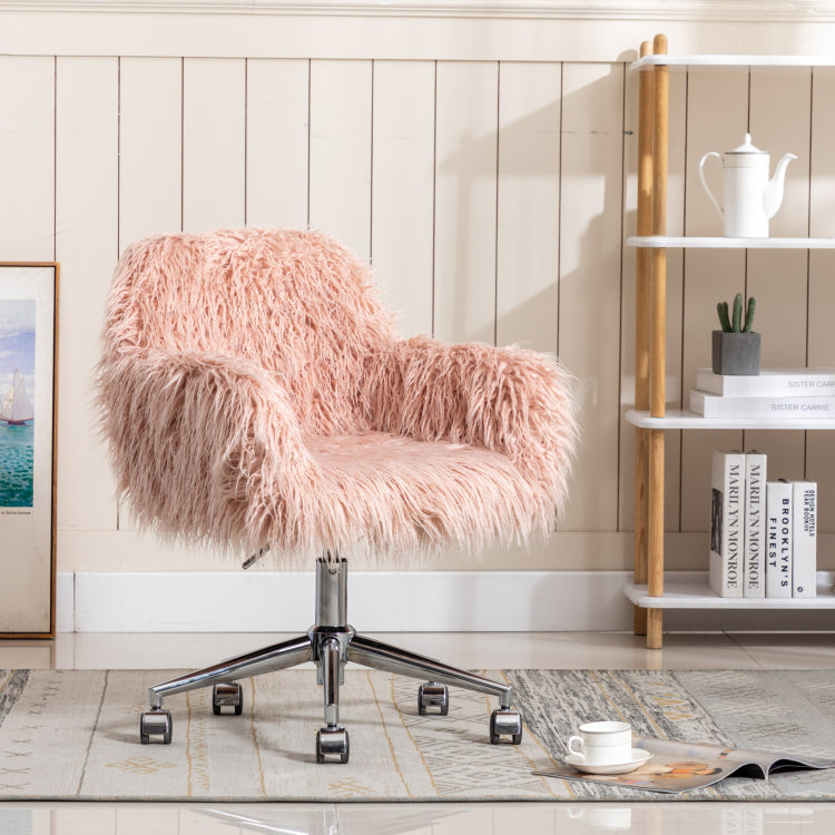 Hengming Modern Faux Fur Home Office Chair, Fluffy Chair For Girls, Makeup Vanity Chair