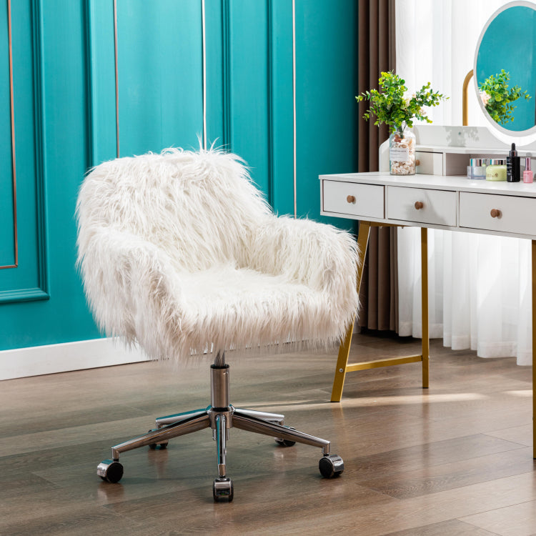 Hengming Modern Faux Fur Home Office Chair, Fluffy Chair For Girls, Makeup Vanity Chair