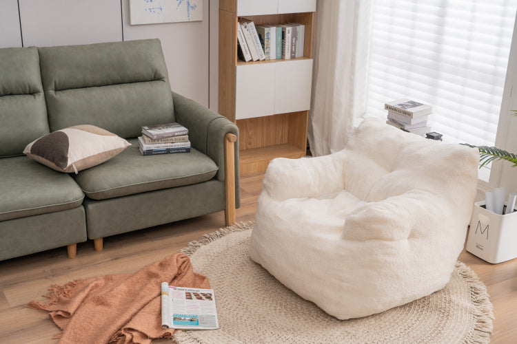 010 Soft Teddy Fabric Tufted Foam Bean Bag Chair With Teddy Fabric Ivory White