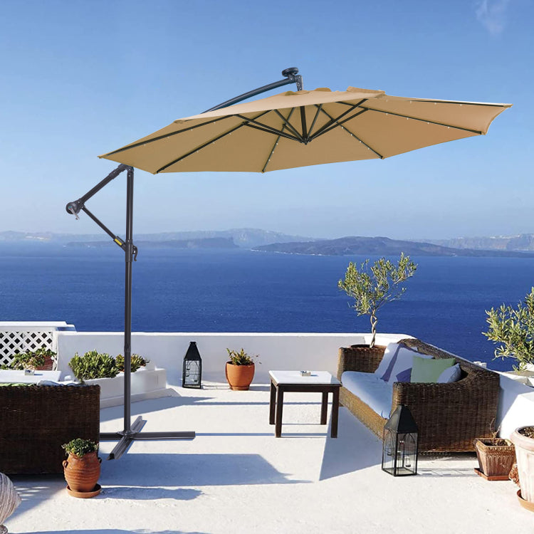 10 Ft Solar Led Patio Outdoor Umbrella Hanging Cantilever Umbrella Offset Umbrella Easy Open Adustment With 32 Led Lights Taupe