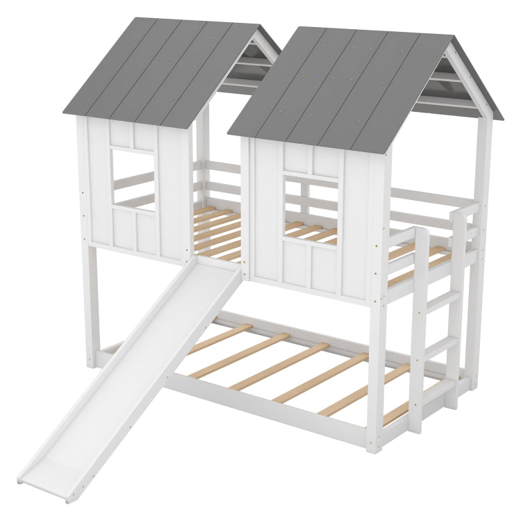 Twin Over Twin House Bunk Bed With Slide And Windows,White Old Sku:Gx000920Aak 1,Sm000920Aak