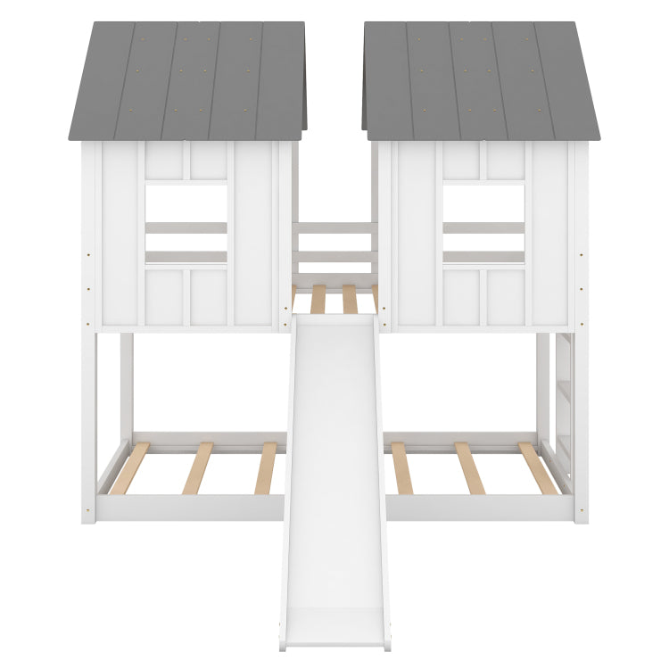 Twin Over Twin House Bunk Bed With Slide And Windows,White Old Sku:Gx000920Aak 1,Sm000920Aak