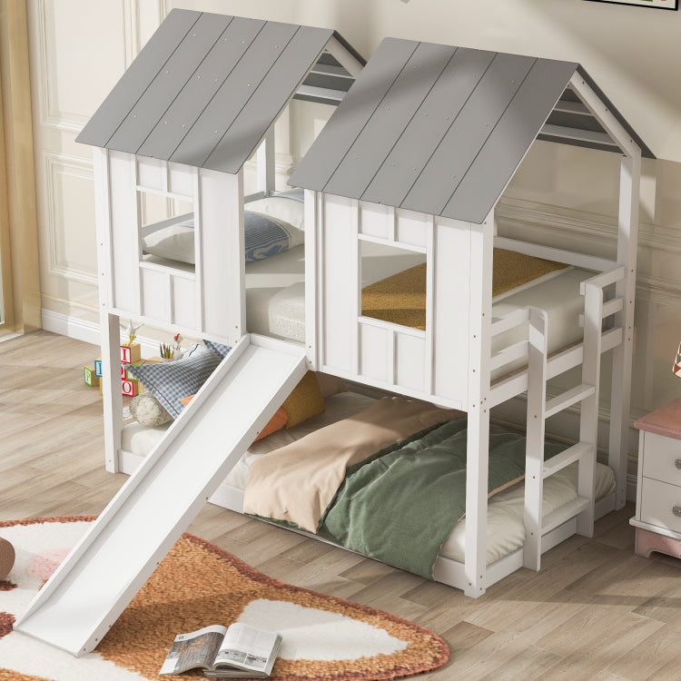 Twin Over Twin House Bunk Bed With Slide And Windows,White Old Sku:Gx000920Aak 1,Sm000920Aak