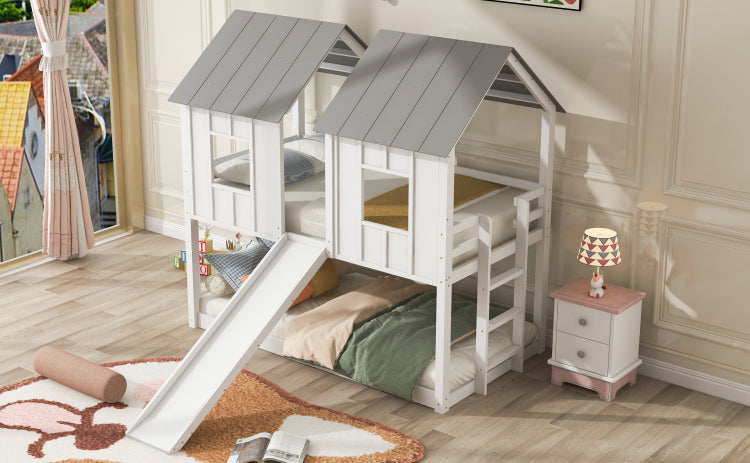 Twin Over Twin House Bunk Bed With Slide And Windows,White Old Sku:Gx000920Aak 1,Sm000920Aak
