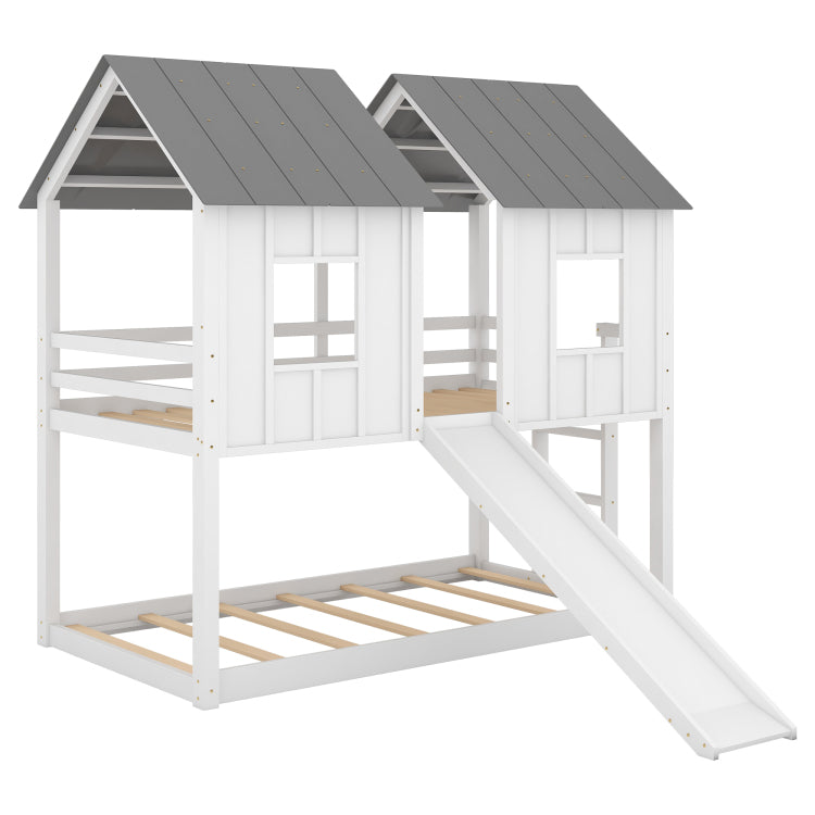Twin Over Twin House Bunk Bed With Slide And Windows,White Old Sku:Gx000920Aak 1,Sm000920Aak