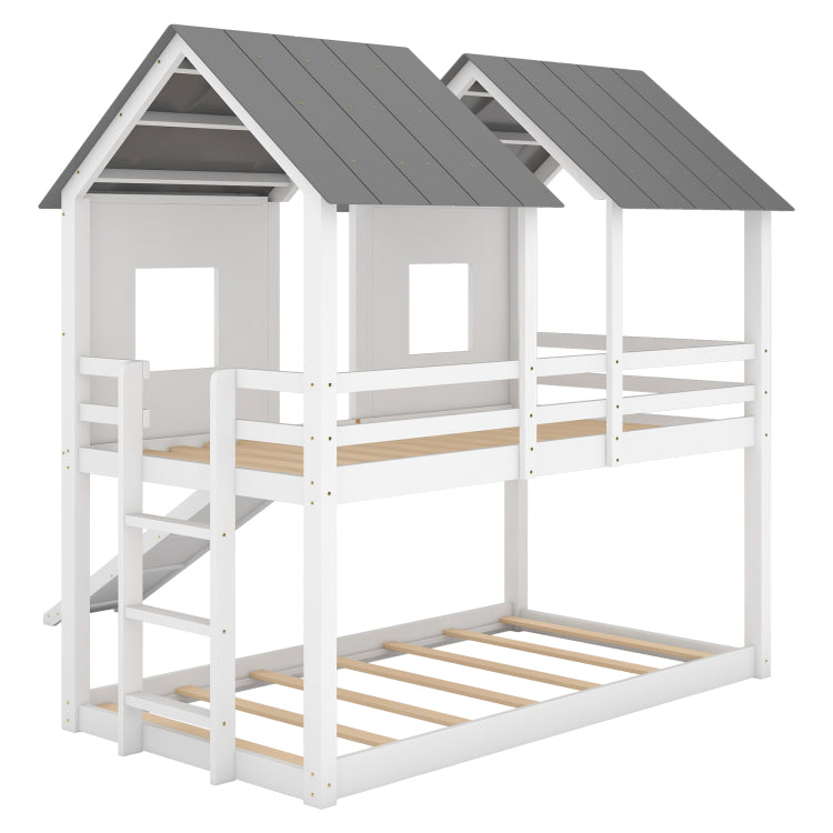 Twin Over Twin House Bunk Bed With Slide And Windows,White Old Sku:Gx000920Aak 1,Sm000920Aak