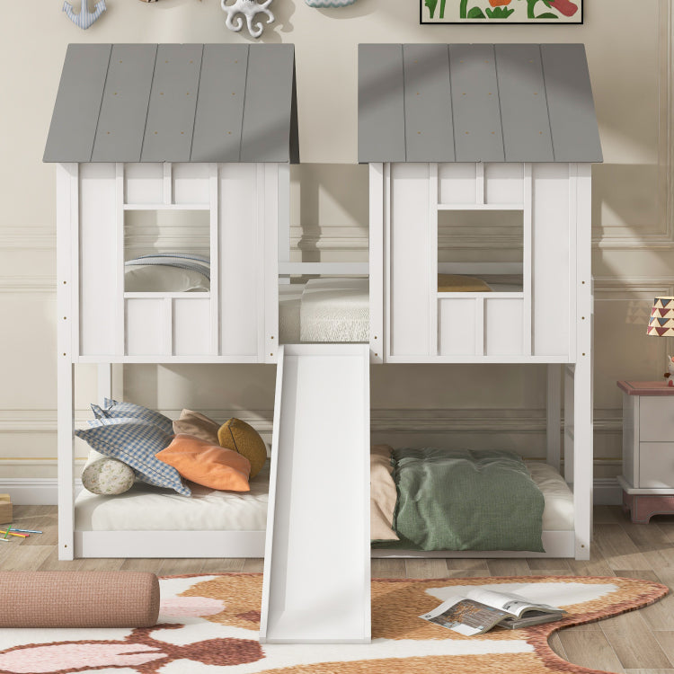 Twin Over Twin House Bunk Bed With Slide And Windows,White Old Sku:Gx000920Aak 1,Sm000920Aak