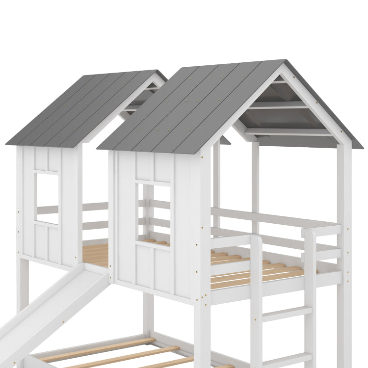 Twin Over Twin House Bunk Bed With Slide And Windows,White Old Sku:Gx000920Aak 1,Sm000920Aak