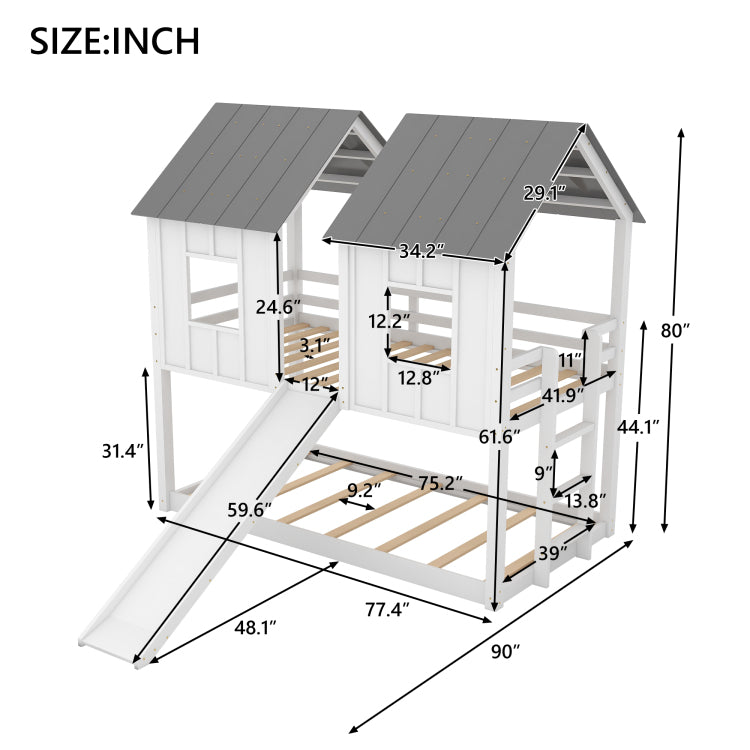 Twin Over Twin House Bunk Bed With Slide And Windows,White Old Sku:Gx000920Aak 1,Sm000920Aak