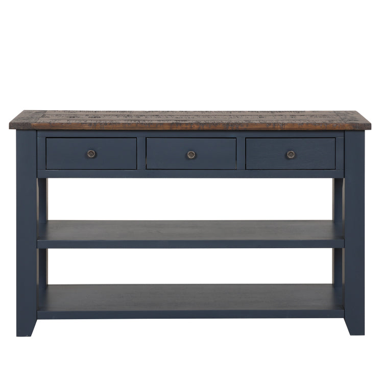 48'' Solid Pine Wood Top Console Table, Modern Entryway Sofa Side Table With 3 Storage Drawers And 2 Shelves. Easy To Assemble Blue