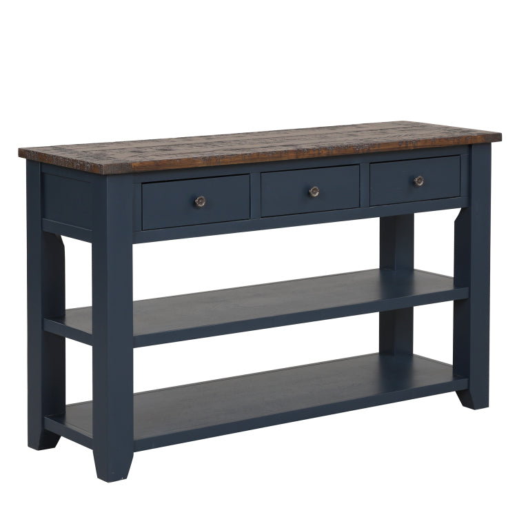 48'' Solid Pine Wood Top Console Table, Modern Entryway Sofa Side Table With 3 Storage Drawers And 2 Shelves. Easy To Assemble Blue
