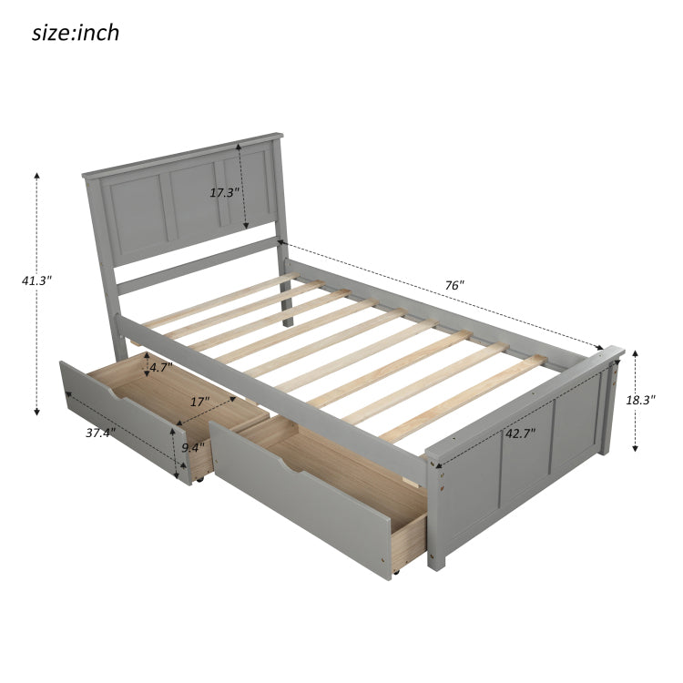 Platform Storage Bed, 2 Drawers With Wheels, Twin Size Frame, Gray