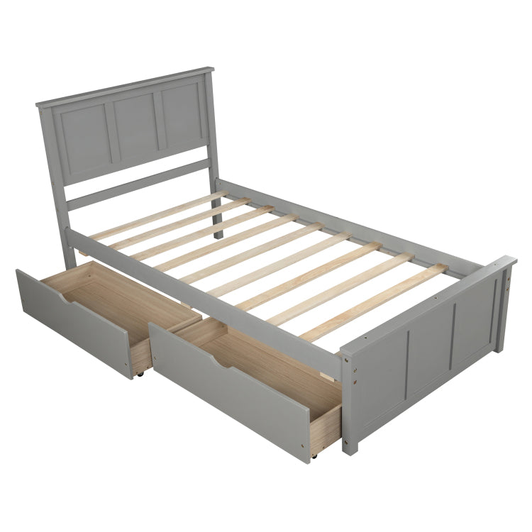 Platform Storage Bed, 2 Drawers With Wheels, Twin Size Frame, Gray