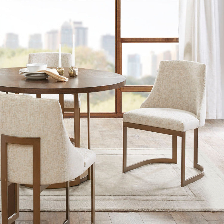 21'' Accent Dining Chairs, Antique Gold Metal Frame Back And Sled Leg Contemporary Modern Style For Kitchen Room, White,Set Of 2