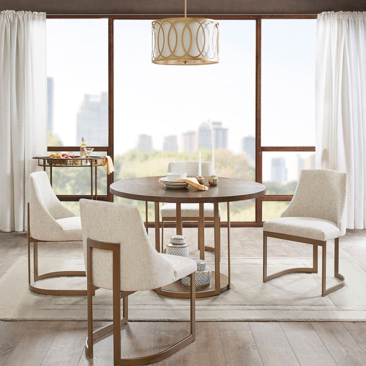 21'' Accent Dining Chairs, Antique Gold Metal Frame Back And Sled Leg Contemporary Modern Style For Kitchen Room, White,Set Of 2