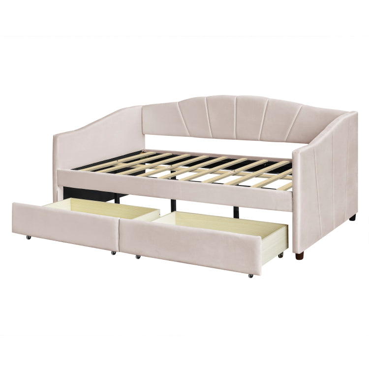 Upholstered Daybed Twin Size With Two Drawers And Wood Slat ,Beige