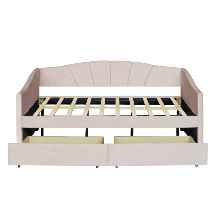 Upholstered Daybed Twin Size With Two Drawers And Wood Slat ,Beige