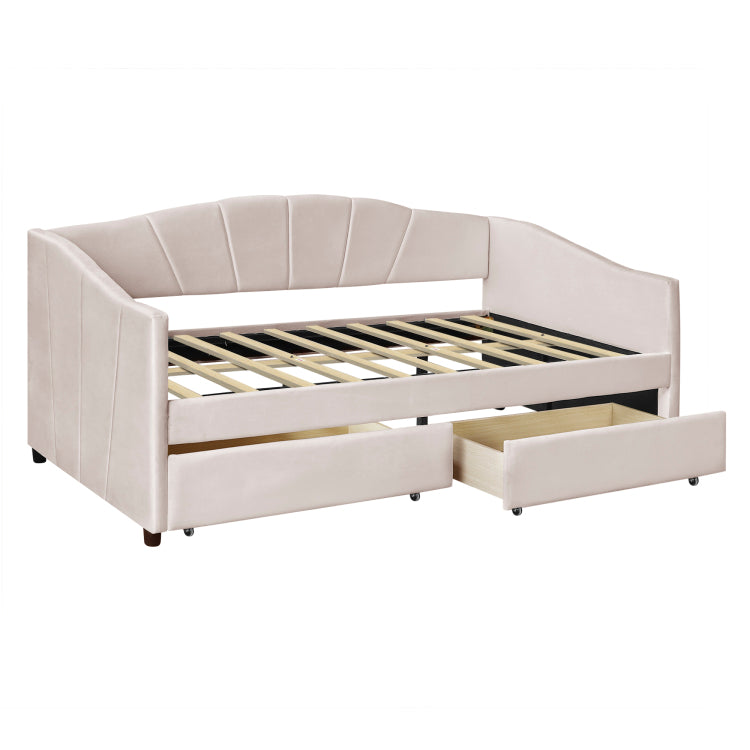 Upholstered Daybed Twin Size With Two Drawers And Wood Slat ,Beige