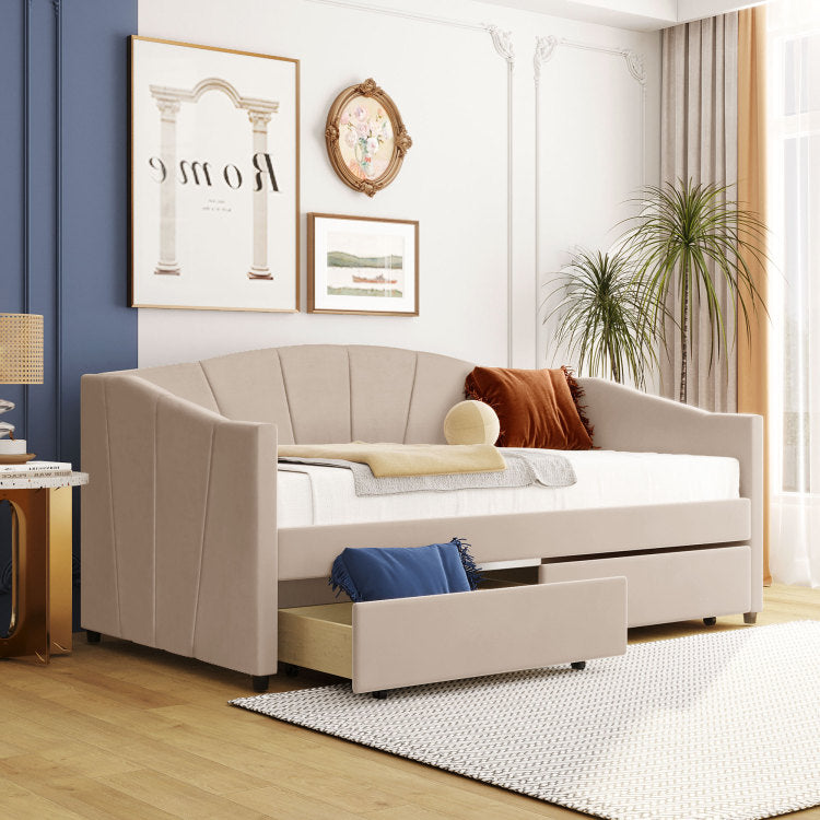 Upholstered Daybed Twin Size With Two Drawers And Wood Slat ,Beige