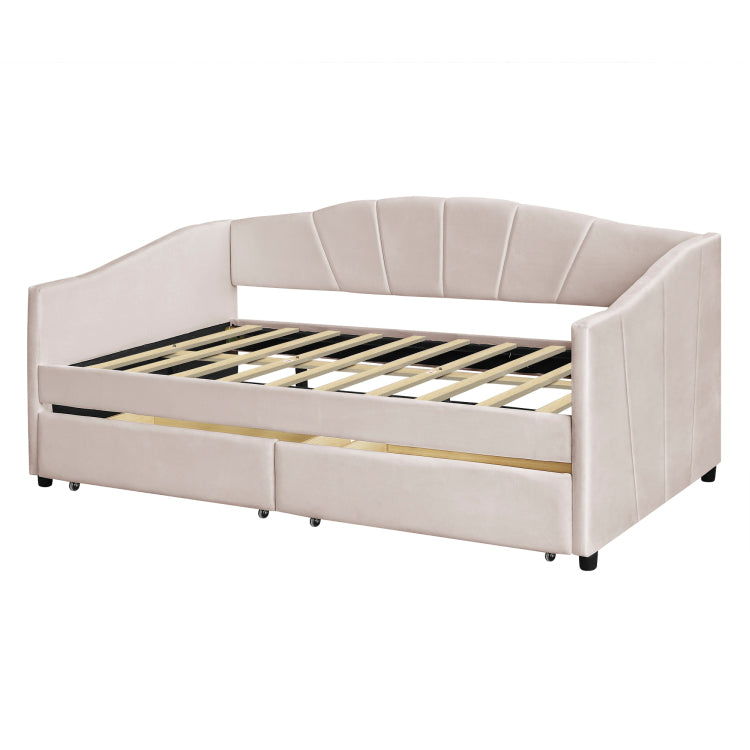 Upholstered Daybed Twin Size With Two Drawers And Wood Slat ,Beige