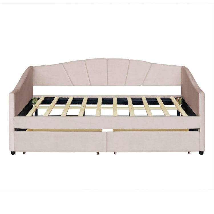 Upholstered Daybed Twin Size With Two Drawers And Wood Slat ,Beige