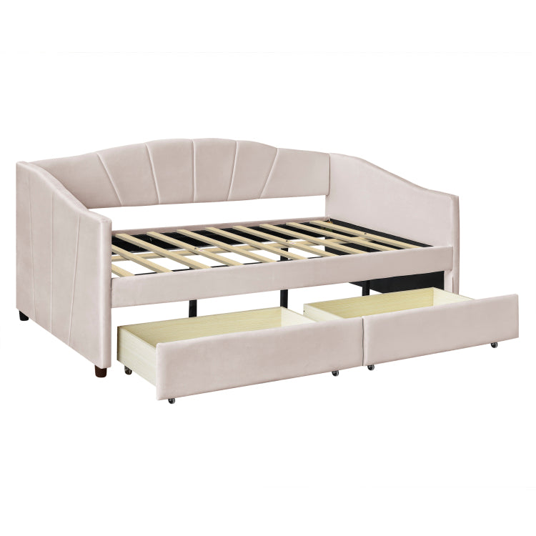 Upholstered Daybed Twin Size With Two Drawers And Wood Slat ,Beige