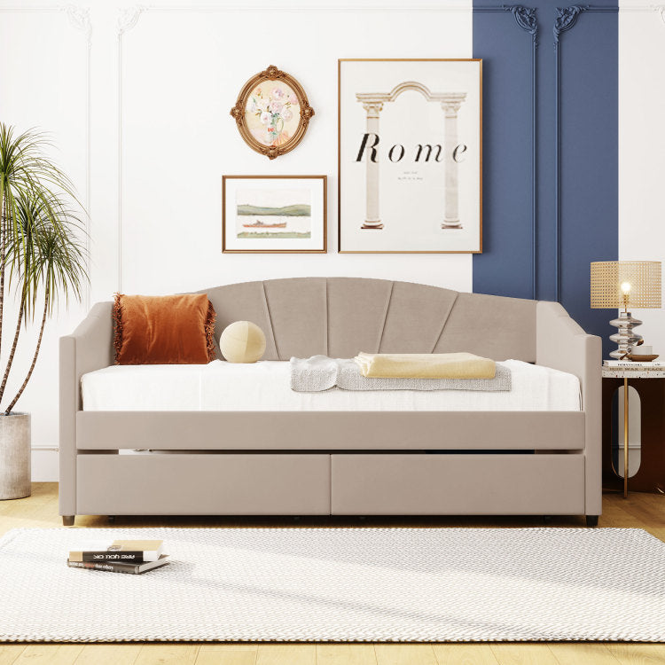 Upholstered Daybed Twin Size With Two Drawers And Wood Slat ,Beige