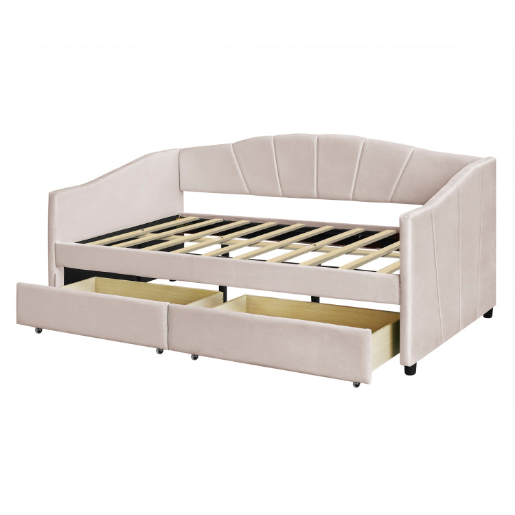 Upholstered Daybed Twin Size With Two Drawers And Wood Slat ,Beige