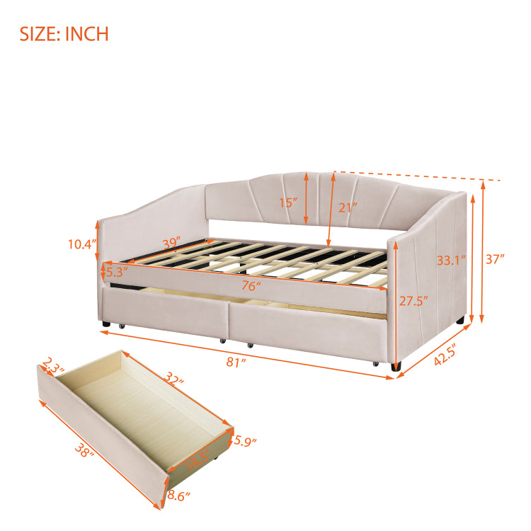 Upholstered Daybed Twin Size With Two Drawers And Wood Slat ,Beige